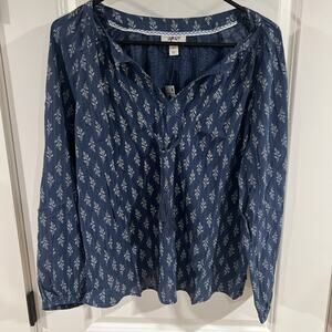 Style & Co Blouse Top Womens Petite Large Blue White Tunic Long Sleeve